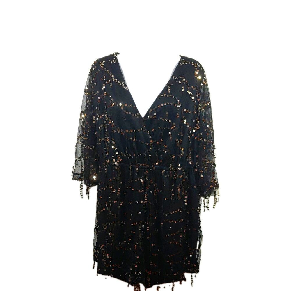 SHEIN CURVE Black/Gold Sequin Sheer Mesh V-Neck 3/4 Sleeve Romper 1XL